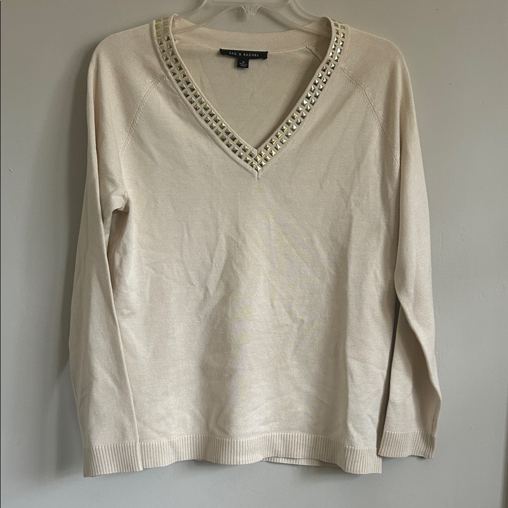Zac & Rachel Ivory/Cream V-Neck Sweater with Embellished Neckline